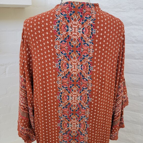 Angie Womens Kimono Duster Small Long Rust Orange Red Floral Polka Dot Pattern - Picture 8 of 10